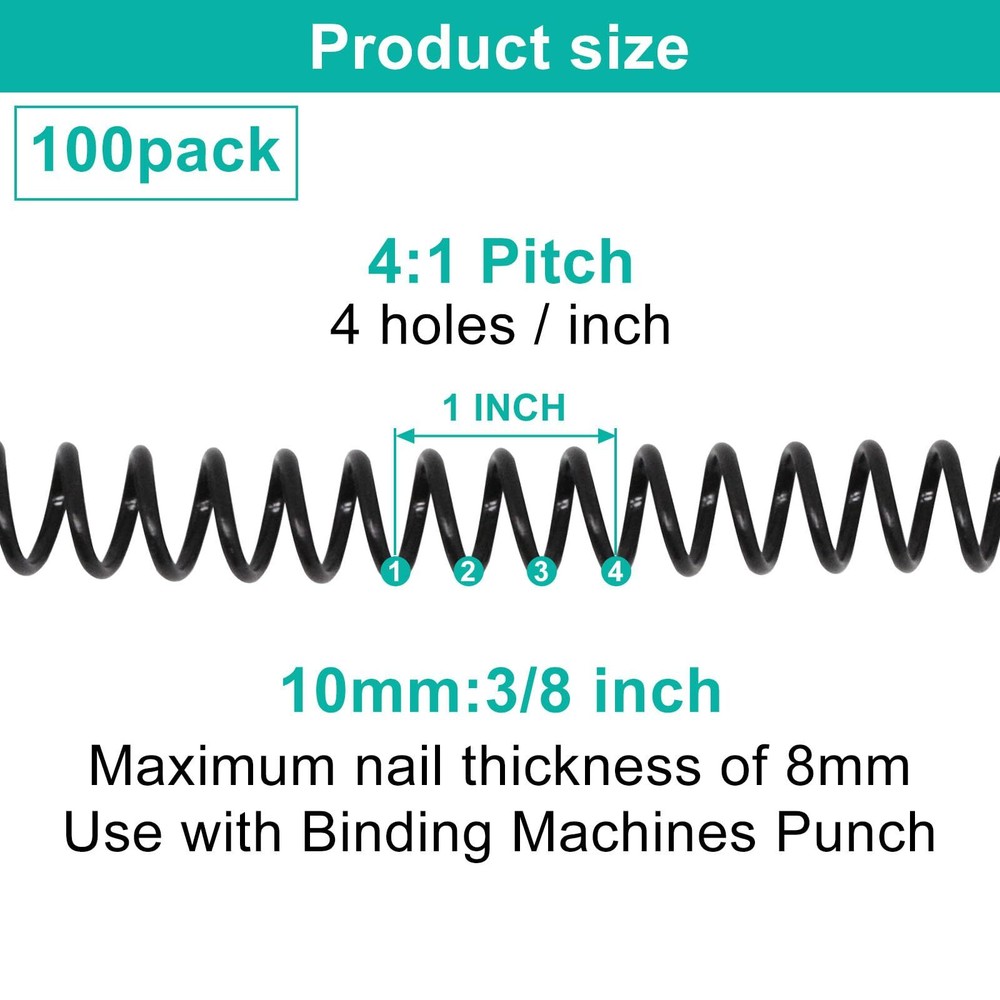 Plastic Spiral Binding Coils 100 Pack Coil Binding 10mm3/8" 75 Sheet Capacity...