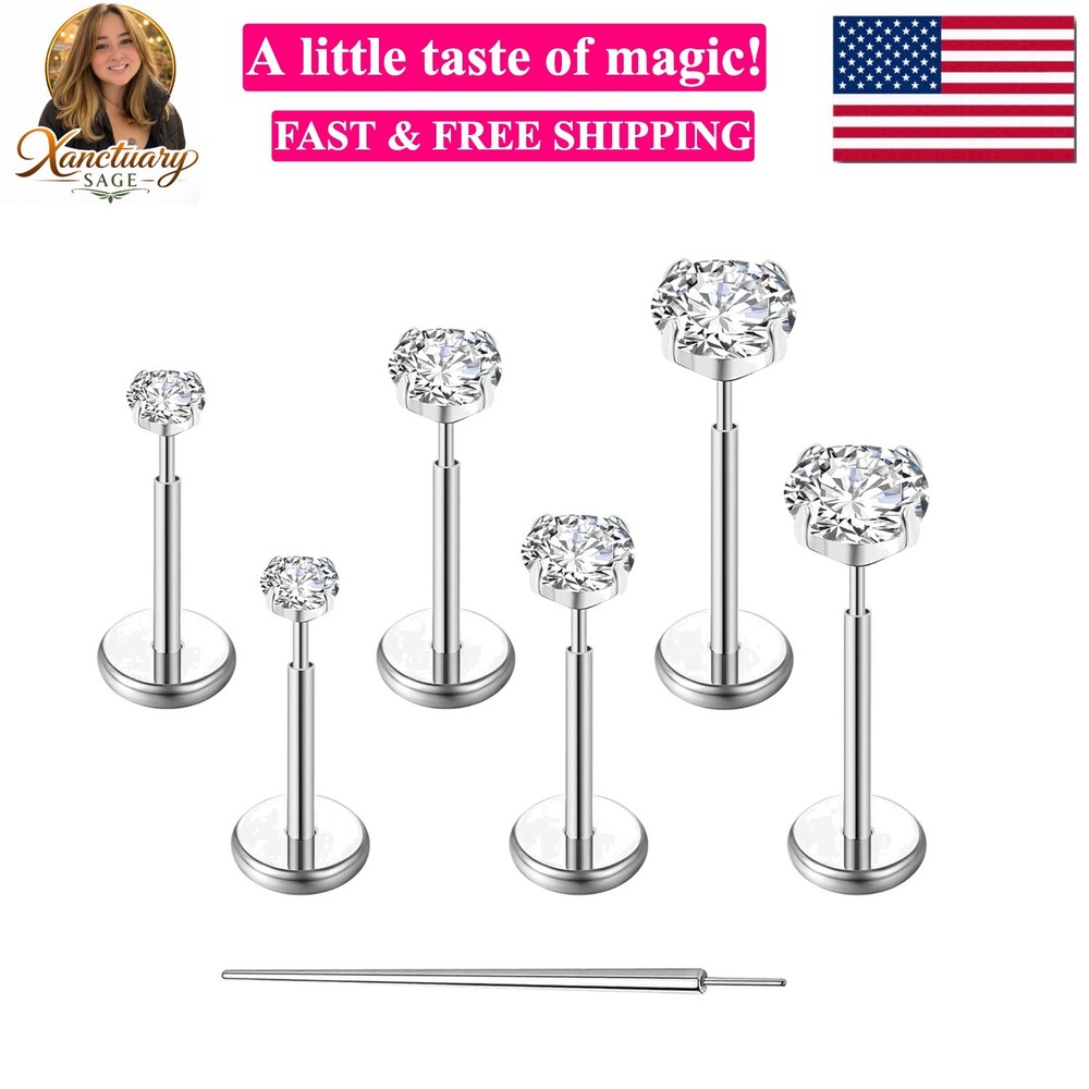 20G Flat Back Earrings Stud G23 Titanium Threadless Tragus Labret Cartilage L...