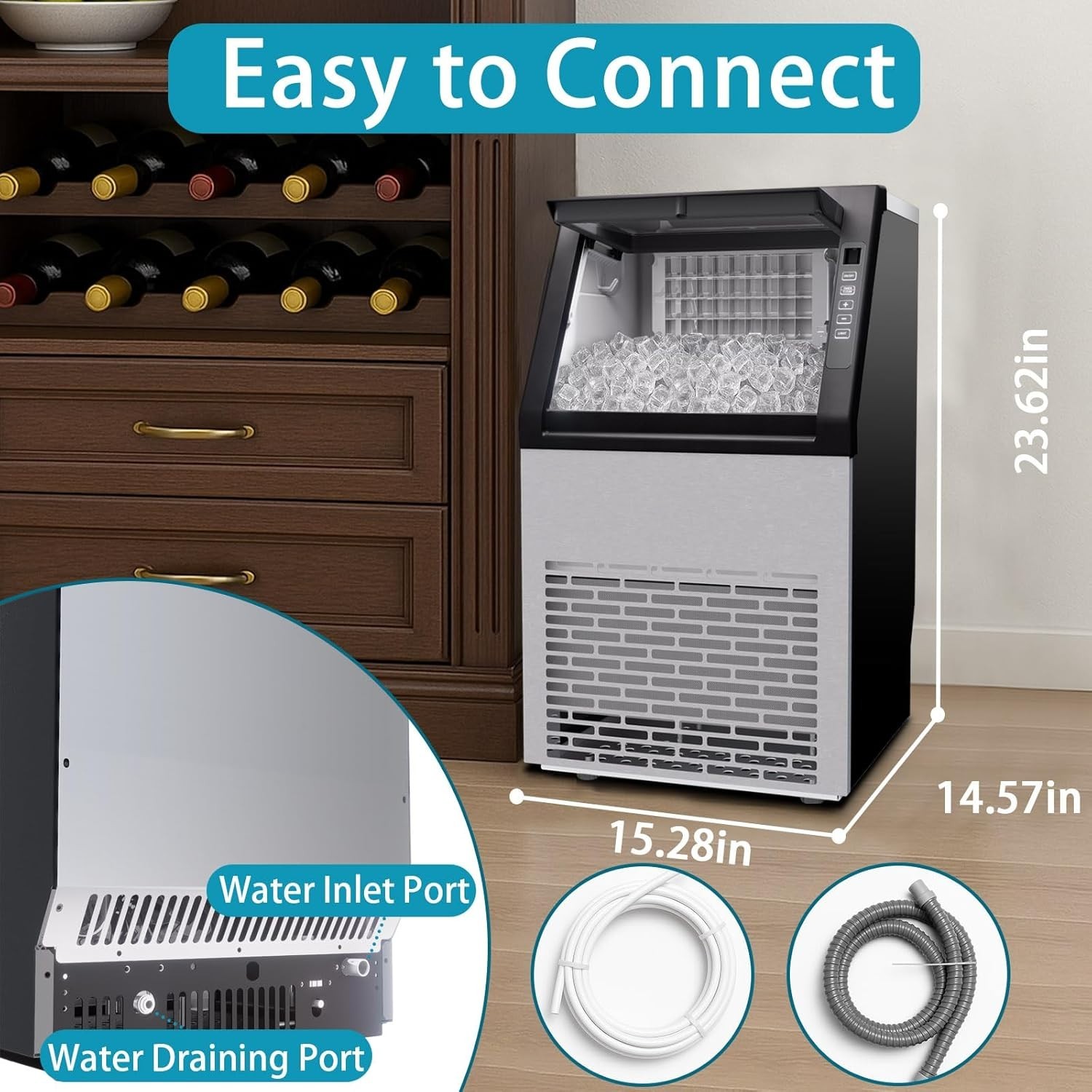 Commercial Ice Maker Machine 90Lbs/24H, Stainless Steel Undercounter Ice Maker