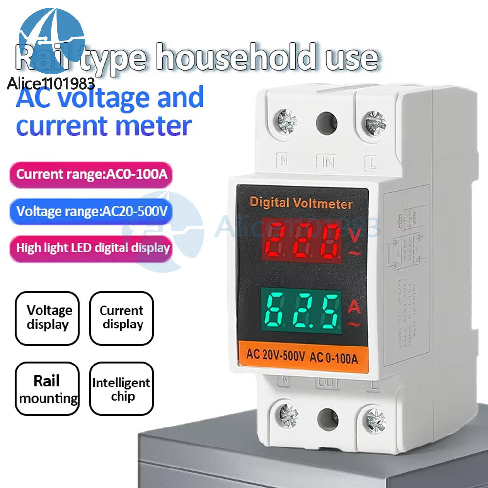 AC 50-500V 100A Din Rail Single-phase Digital Voltage LCD Voltage Current Meter