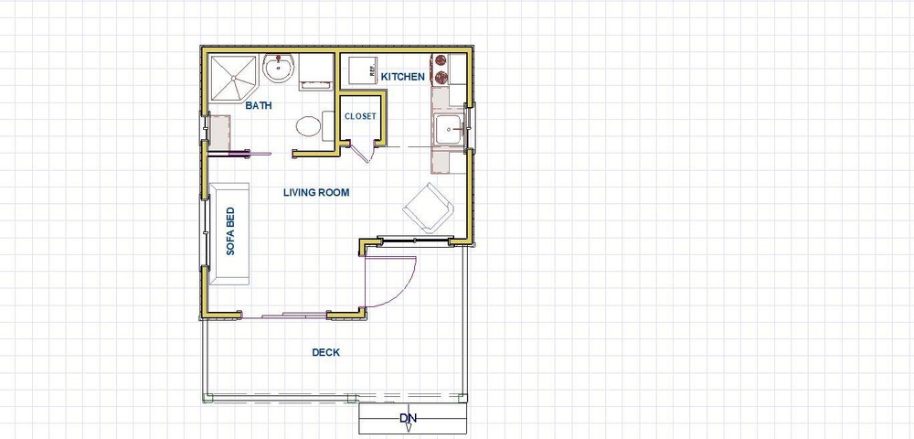 ADU Tiny House Plans 228 square feet with front porch deck.