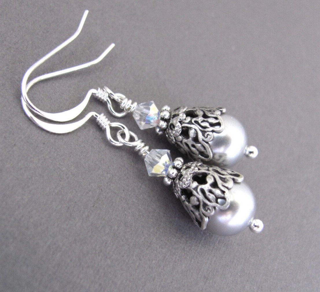 Silver Gray Crystal Pearl Earrings Birthday Wedding Gift Birthday Holiday Party