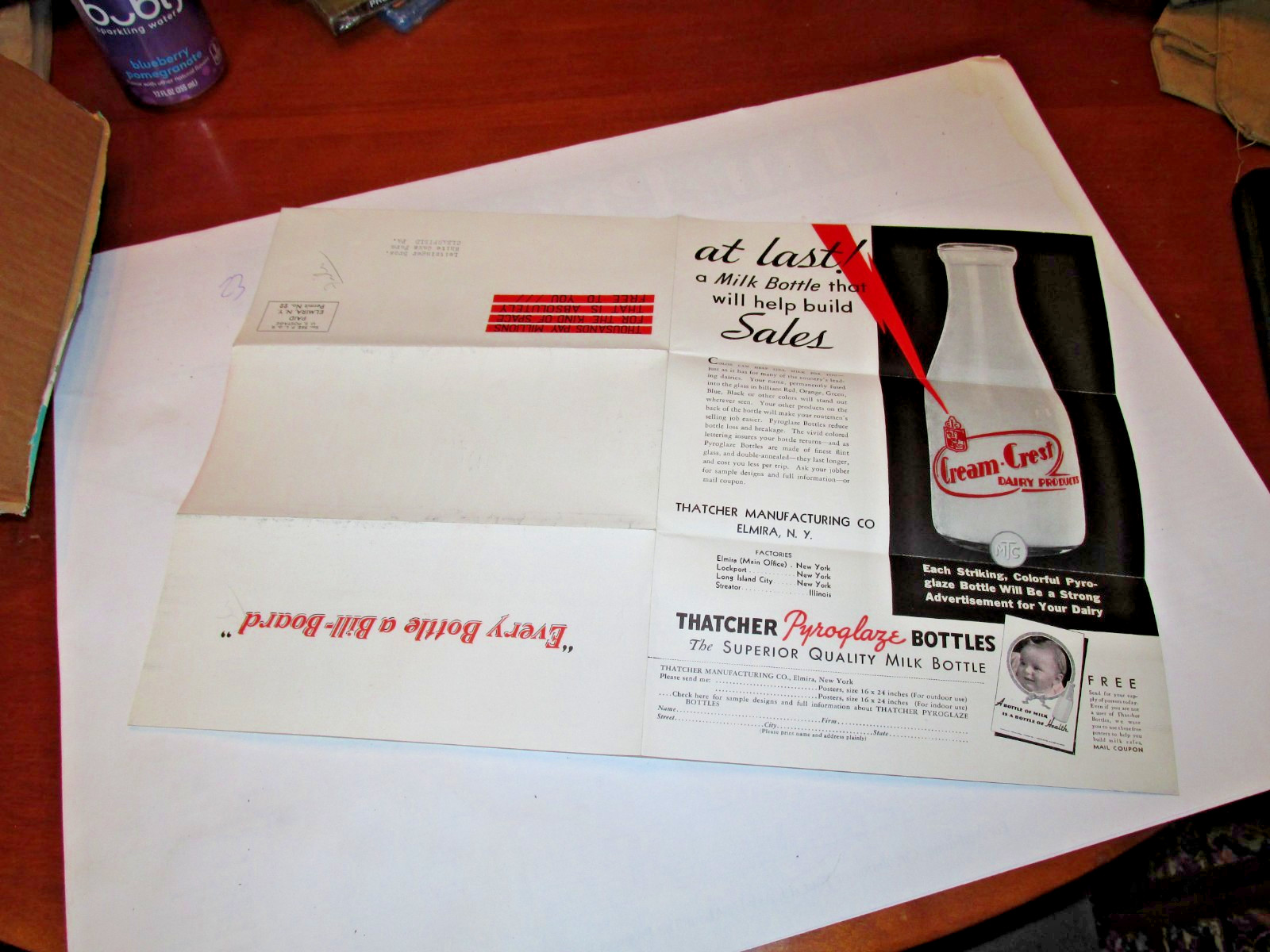 THATCHER MILK BOTTLE MAILER POSTER 1930'S "PYROGLAZE!" ELMIRA, NY, ADVERT