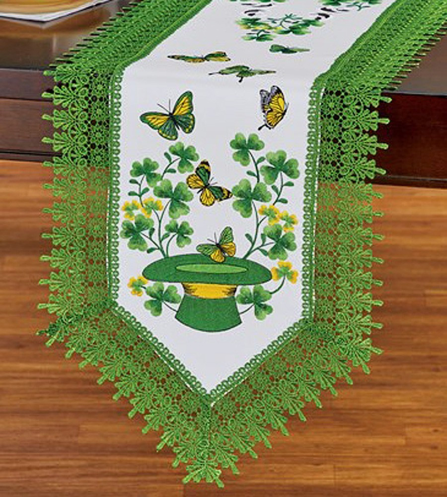 St Patrick's day Table Runner Leprechaun Hat Lucky Shamrock Runner Embroider 69"