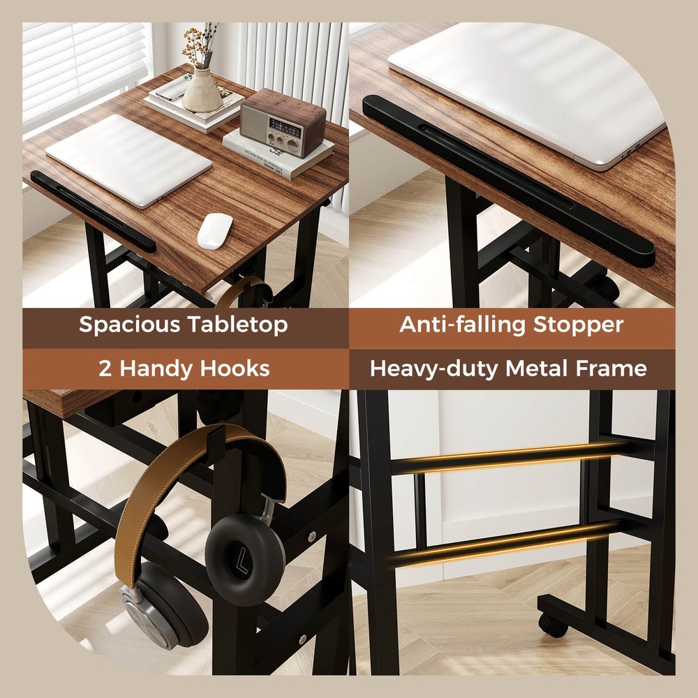 Height Adjustable Mobile Standing Desk w/Tiltable Desktop & 2 Hanging Hooks