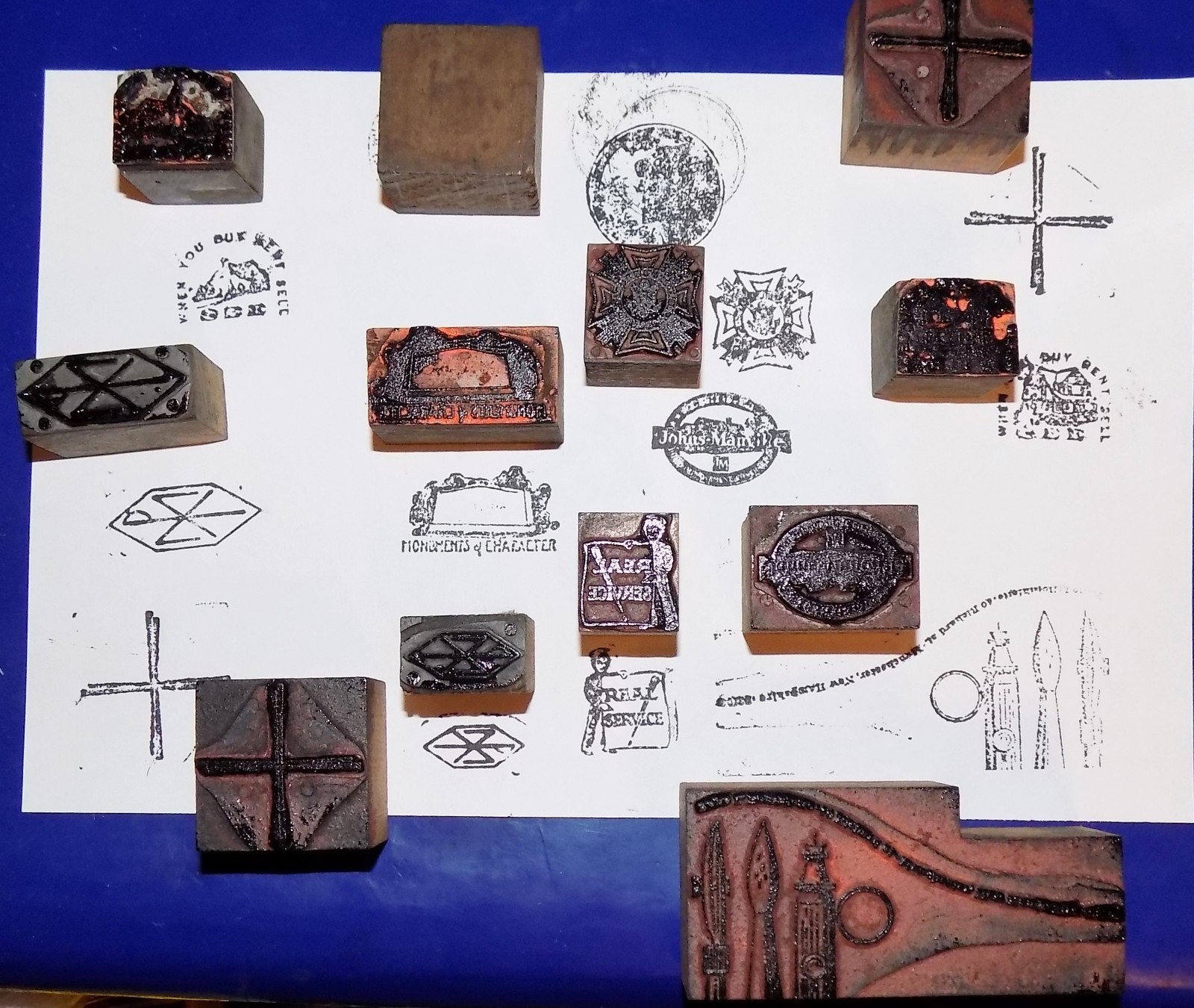 Lot of Twelve Vintage or Antique Wood & Metal Printers Blocks