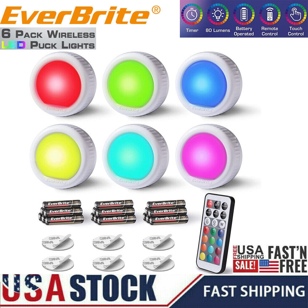 6Pack LED Puck Light Tap Light Push Light Wireless Touch 12 RGB Colors 80 Lumens