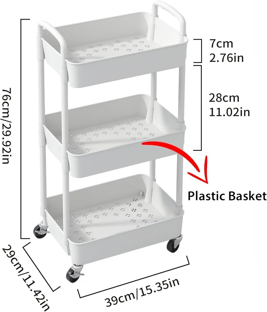 White 3-Tier Rolling Utility Cart - Easy Assembly