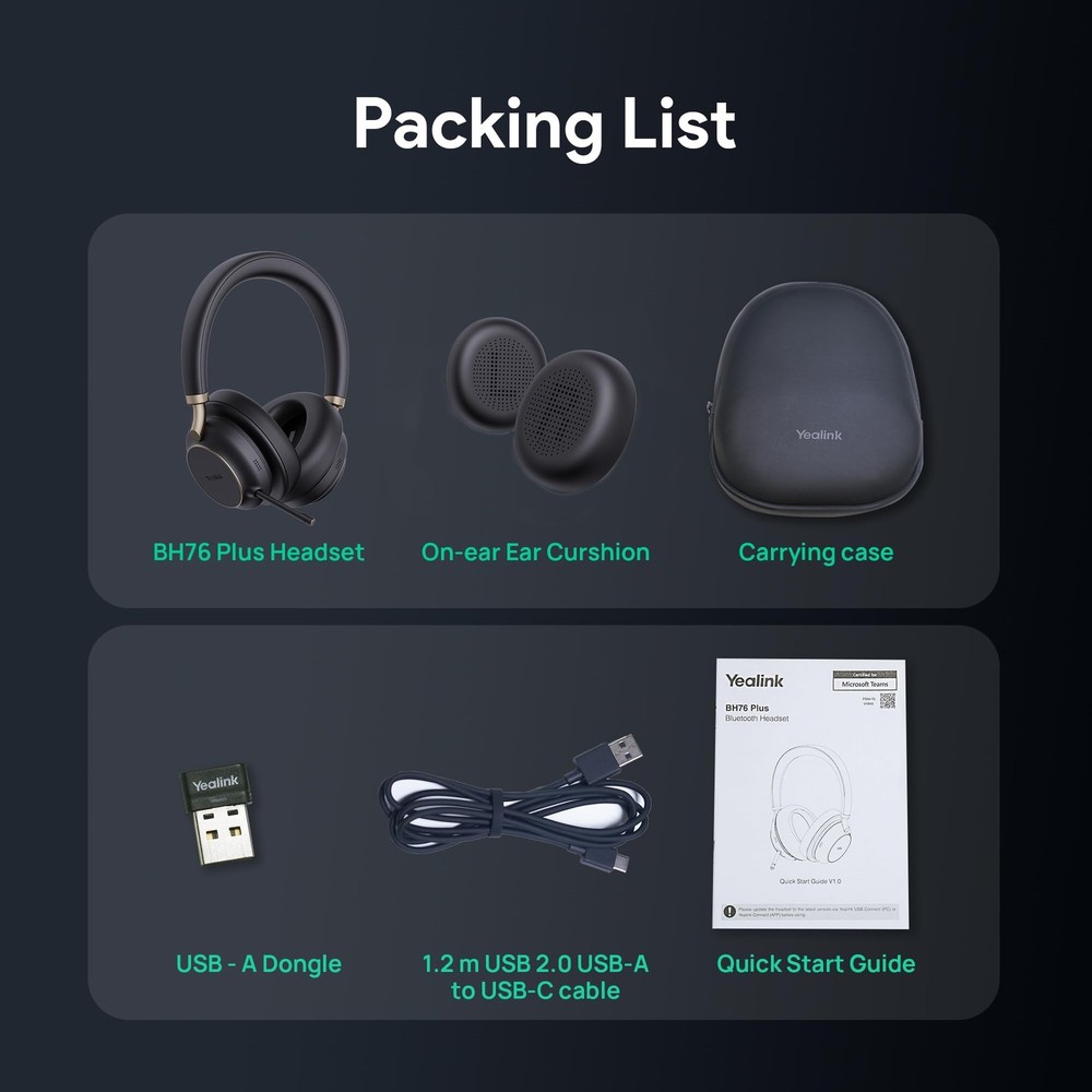 Yealink BH76 Plus Bluetooth Headset, Wireless Headset with Microphone for PC