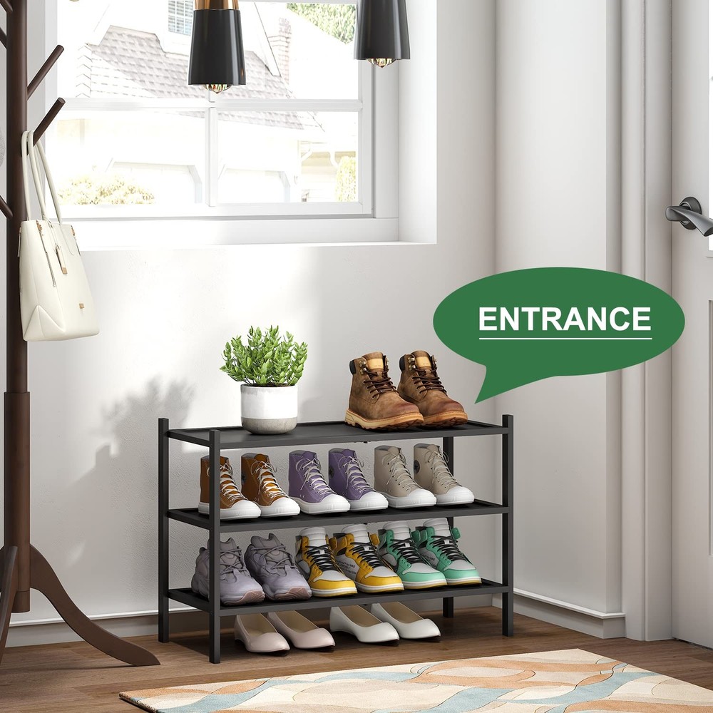 3-Tier Black Shoe Rack for Entryway, Stackable | Foldable | Natural, Shoe Org...