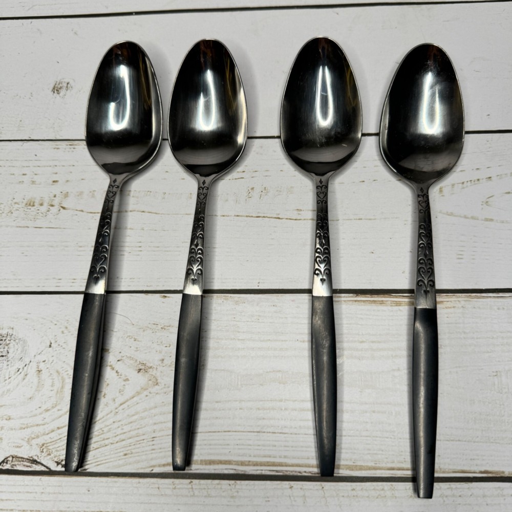4 Interpur Stainless Black Handle Tablespoon Canoe Heart Scroll Pattern Japan