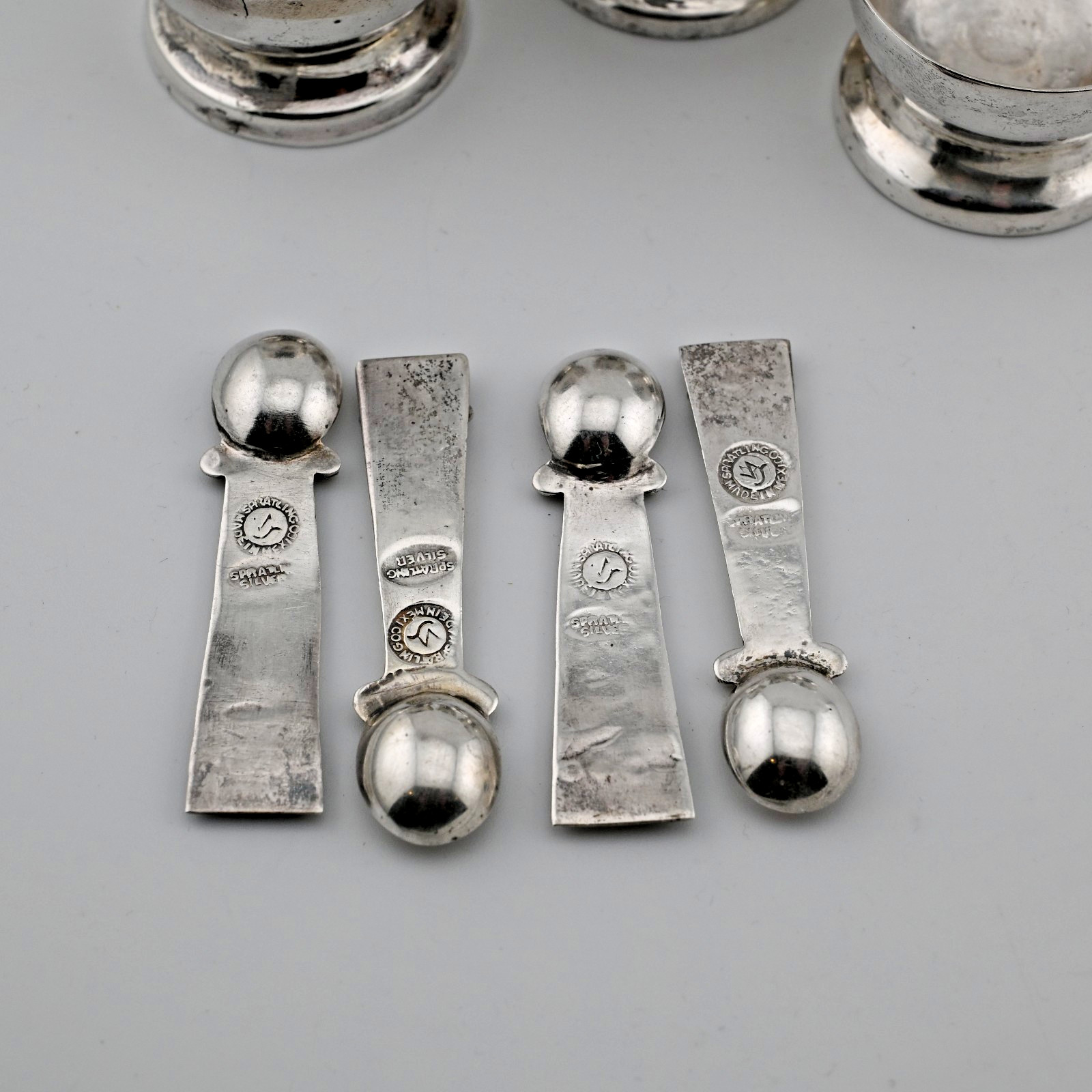 RARE 4 Mexican Sterling Silver William Spratling Salt Cellars / Dishes & Spoons