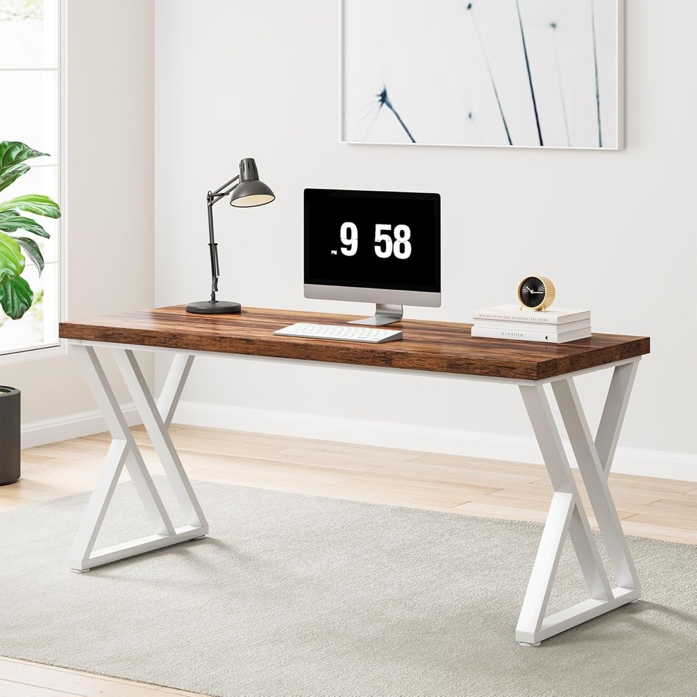 Modern Walnut/White 55" Heavy Duty Computer Desk Study & Work Desk