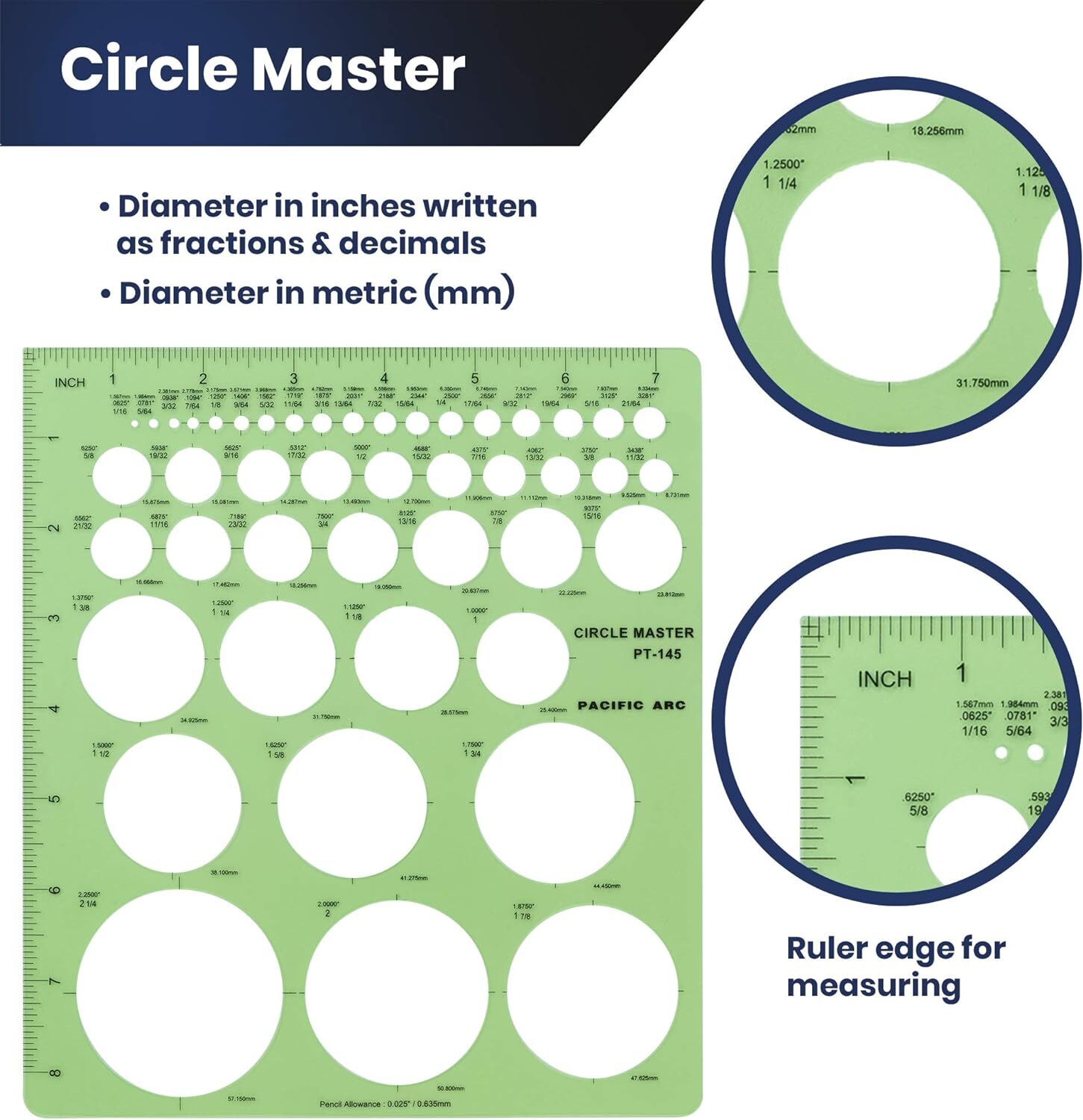 Pacific Arc Professional Circle Guide Template, 45 Circles from 1/16" to 2.25"