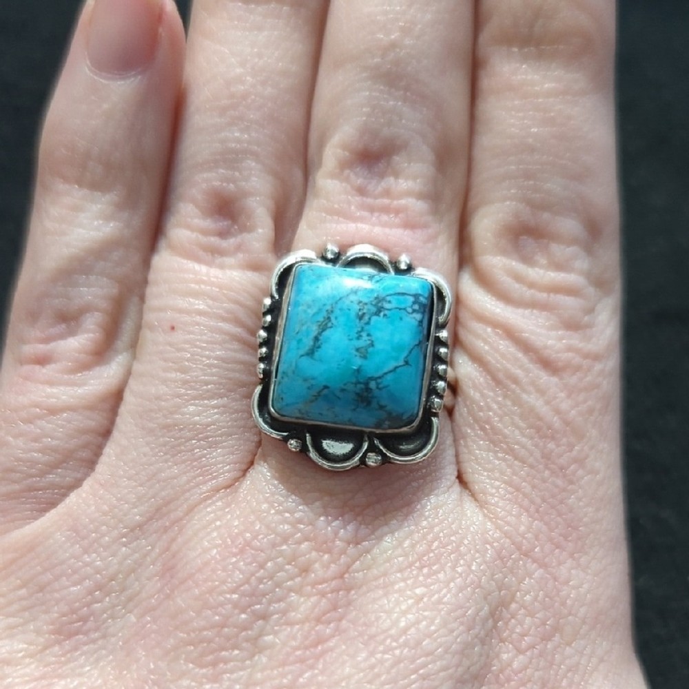Silver Plated Blue Turquoise Gemstone Square Statement Ring - Size 8-10