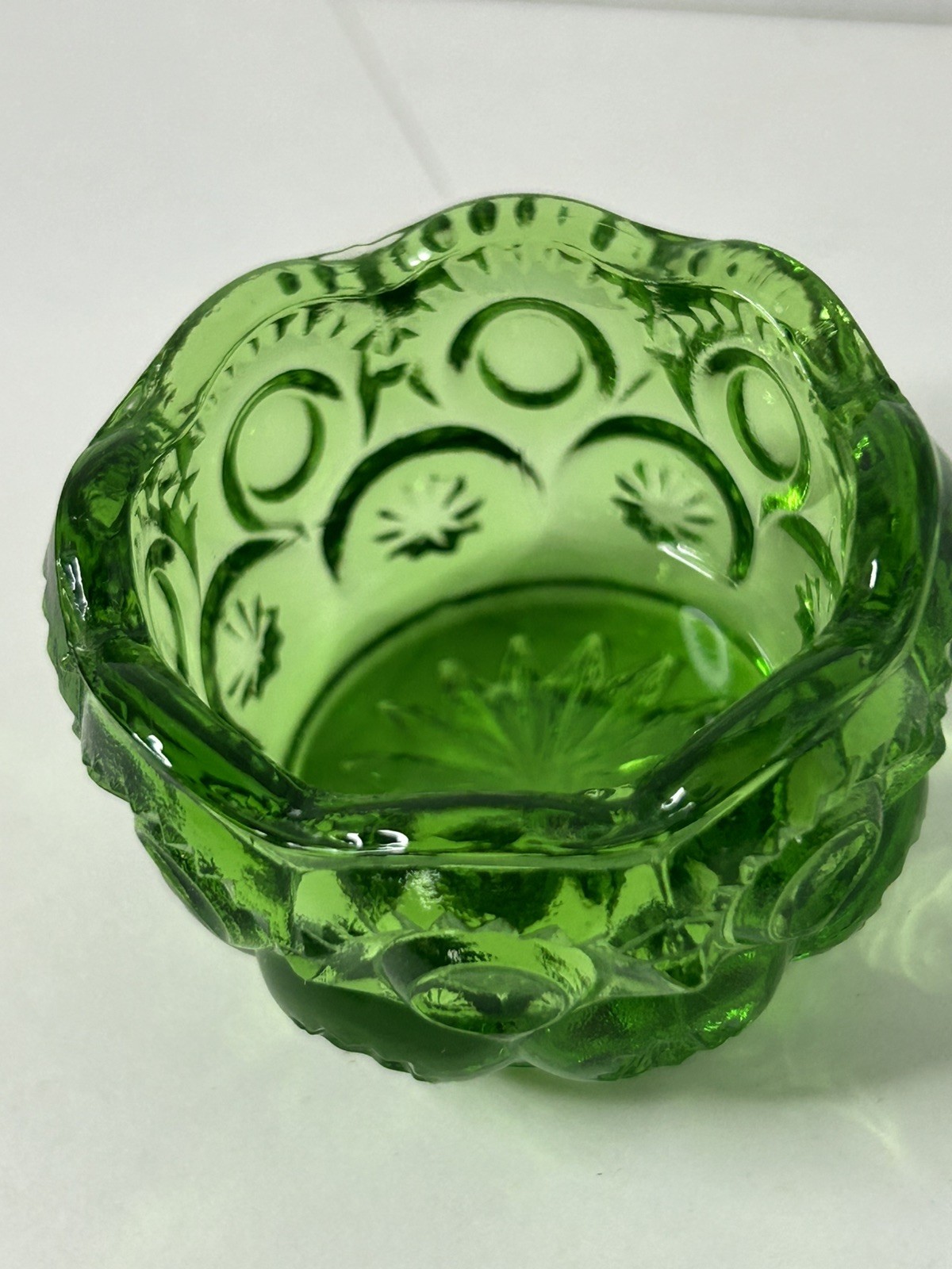 Vtg  L.G.Wright Emerald Green Glass Moon-and-Stars Open Salt Dip, Cellar, 1960's