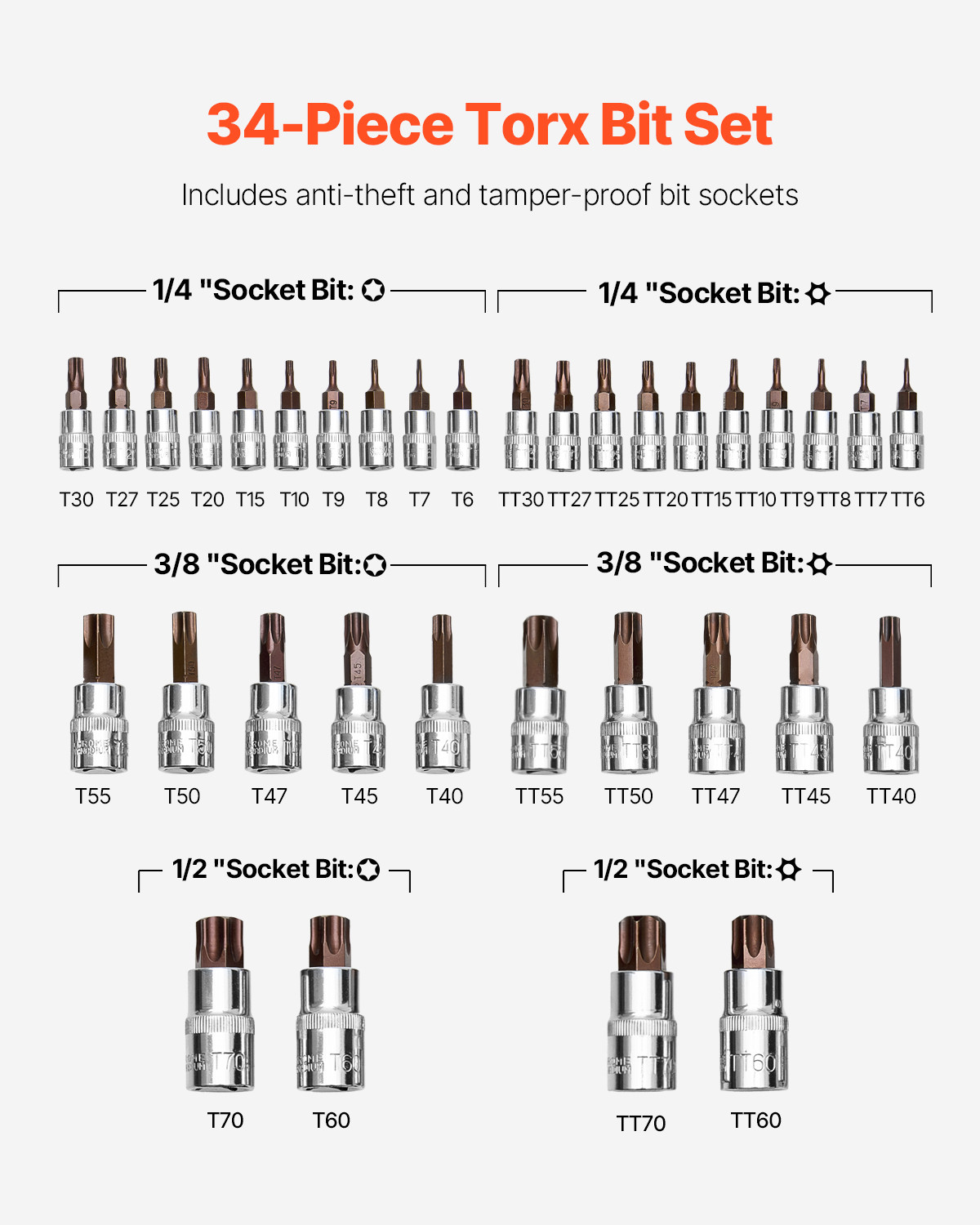 Torx Bit Socket Set 34-Piece Solid Star and Tamper Proof T6-T70 S2 Alloy Steel