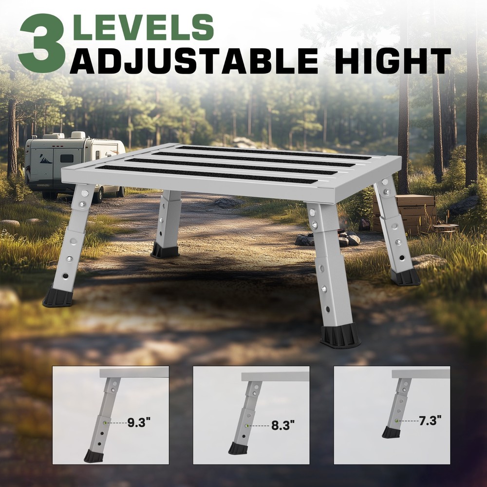 Adjustable Height Aluminum RV Step, Stable Foldable Platform Step Stool,Silver