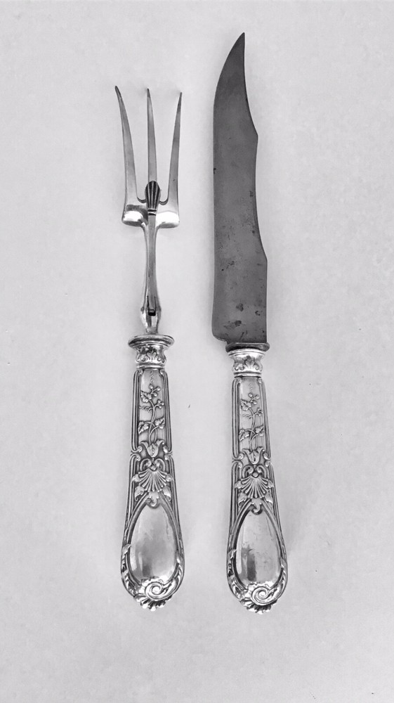 Antique Belgian Delheid 800 Silver Craving set knife & fork Iris