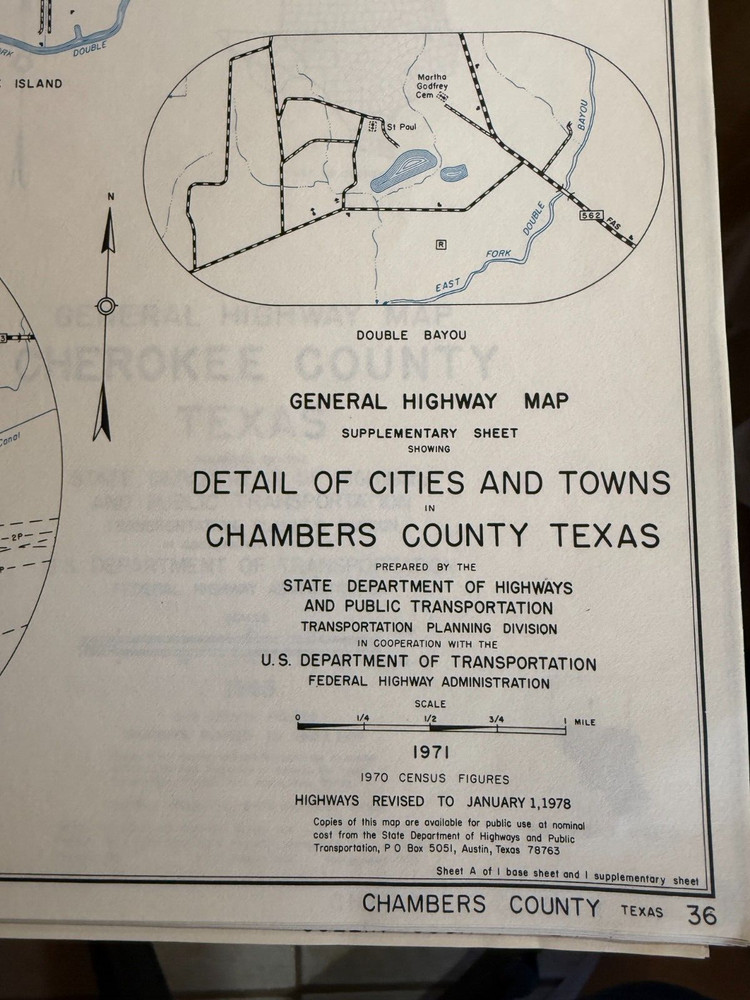 1971 Texas CHAMBERS County General Highway Map 18" x 25" Folded USDOT 2 Sheets