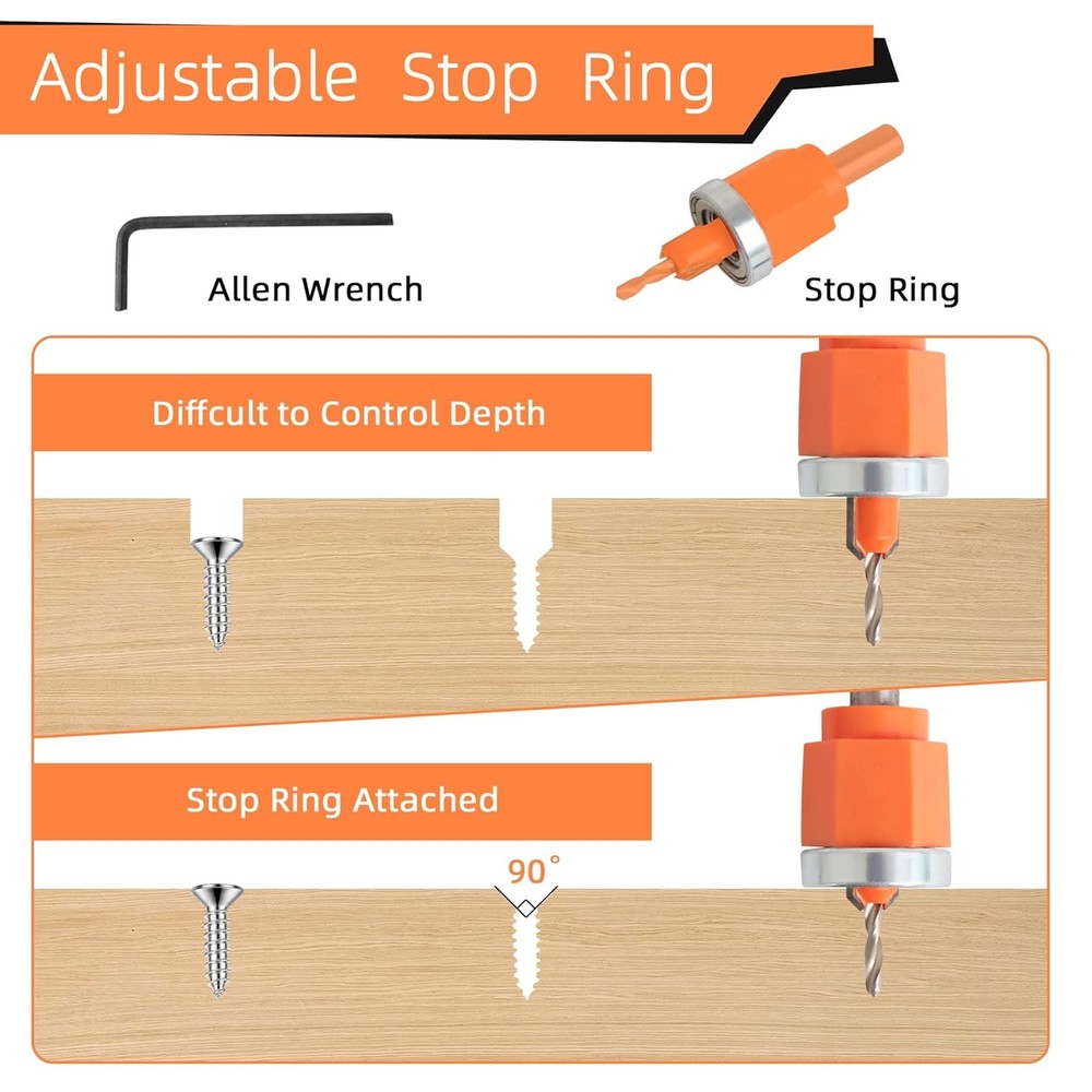 6Pcs Limit Countersink Drill Bit Set with Hole Punch, Adjustable Depth Wood Coun