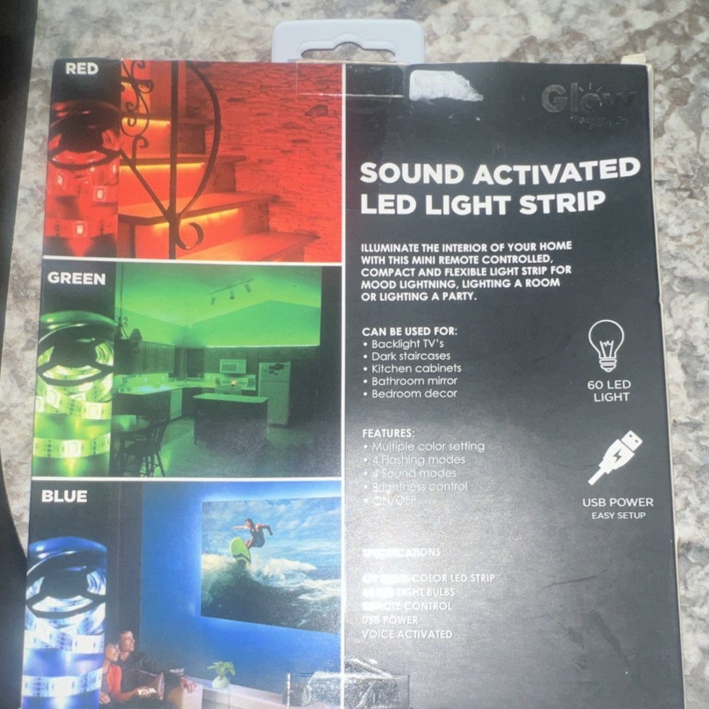 Glow Sound Activated LED Multicolor Light Strip USB Powered Remote Control 6 ft