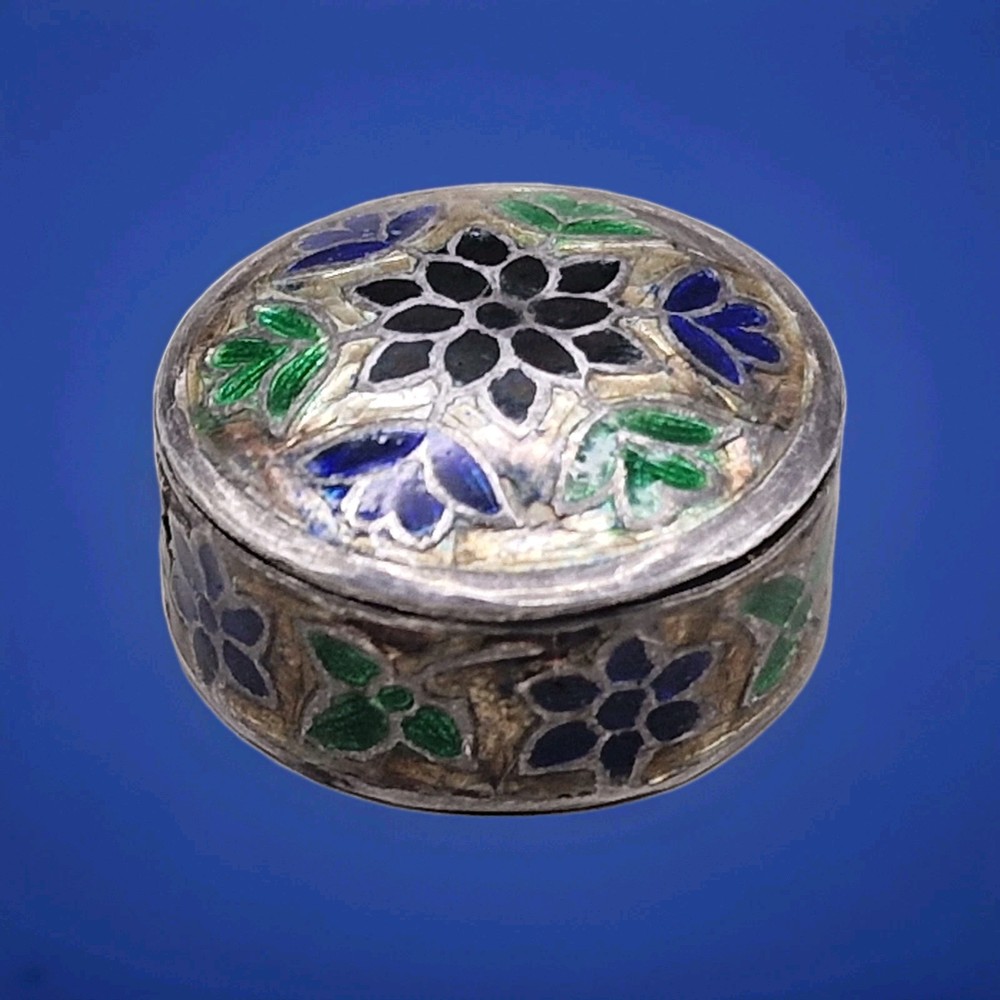 Vintage Sterling Silver & Enamel Pill Box