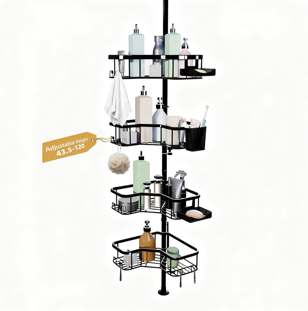 Adjustable 4-Tier Corner Shower Caddy with No-Drill Installation, Black