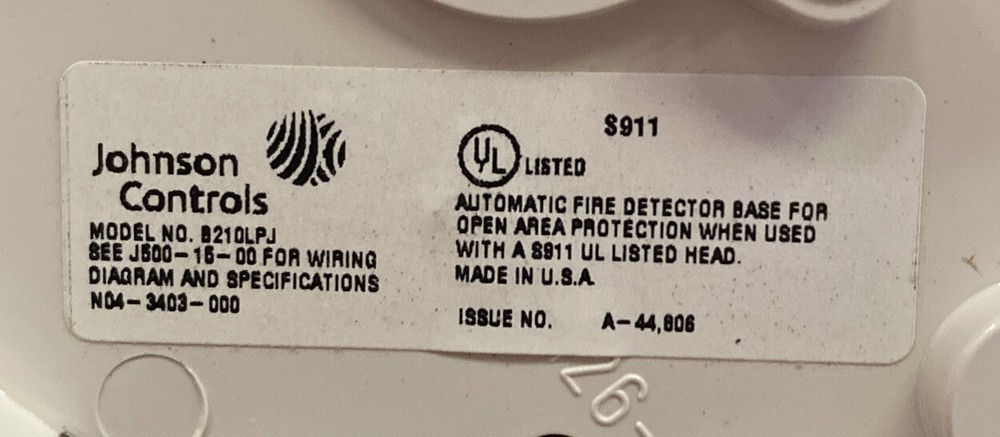 JOHNSON CONTROLS B210LPJBP DETECTOR BASE FIRE ALARM