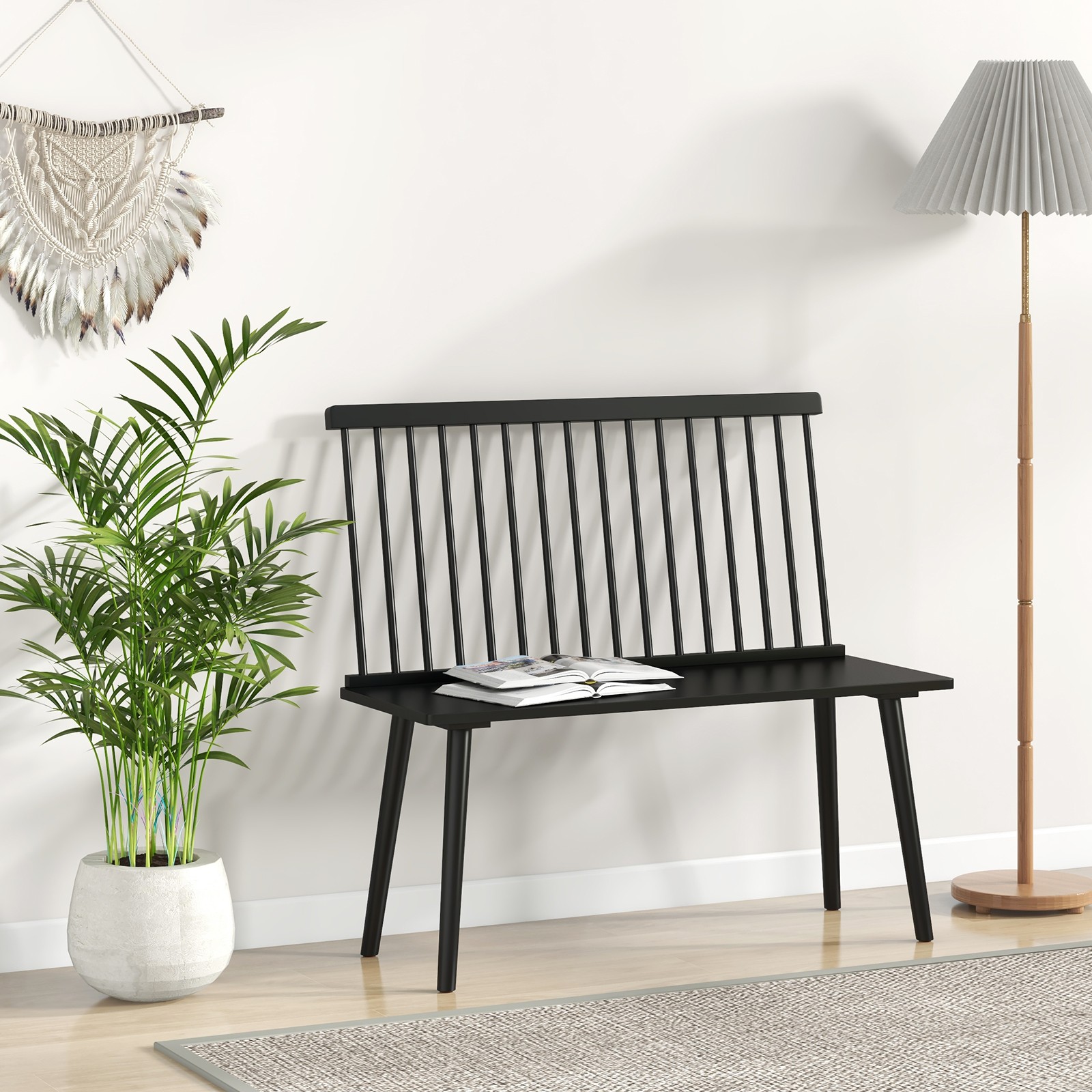 Entryway Bench for 2 Windsor Rubber Wood Dining Bench with Spindle Back Black