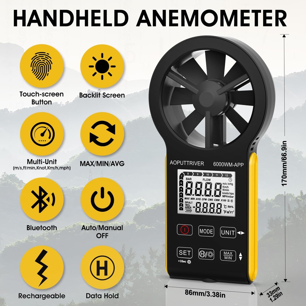 6000WMAPP Handheld Anemometer Digital Anemometer, CFM Anemometer with Temper...