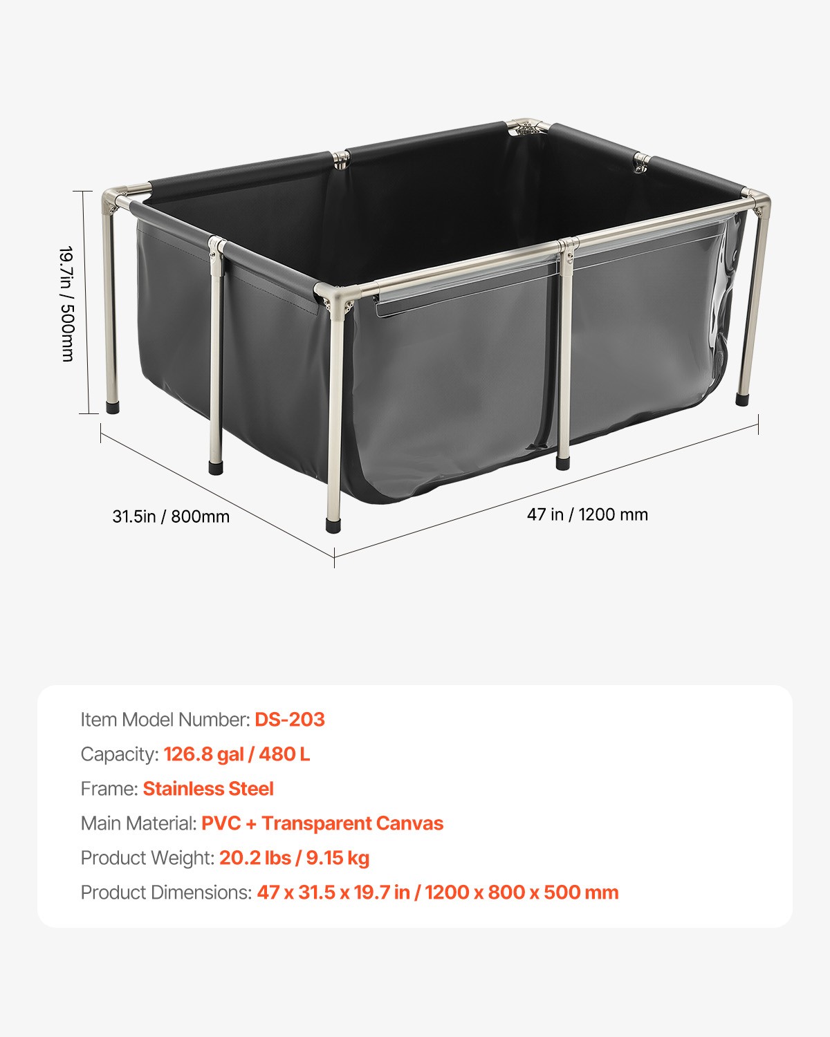 VEVOR Canvas Fish Pond Above Ground Koi Tank 126.8 Gal with Clear Viewing Panel