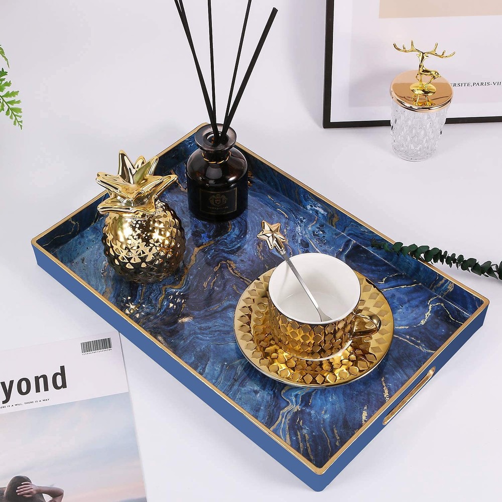 Decorative Tray Marbling Plastic Rectangular Vanity Serving 15.6x10.2 Blue