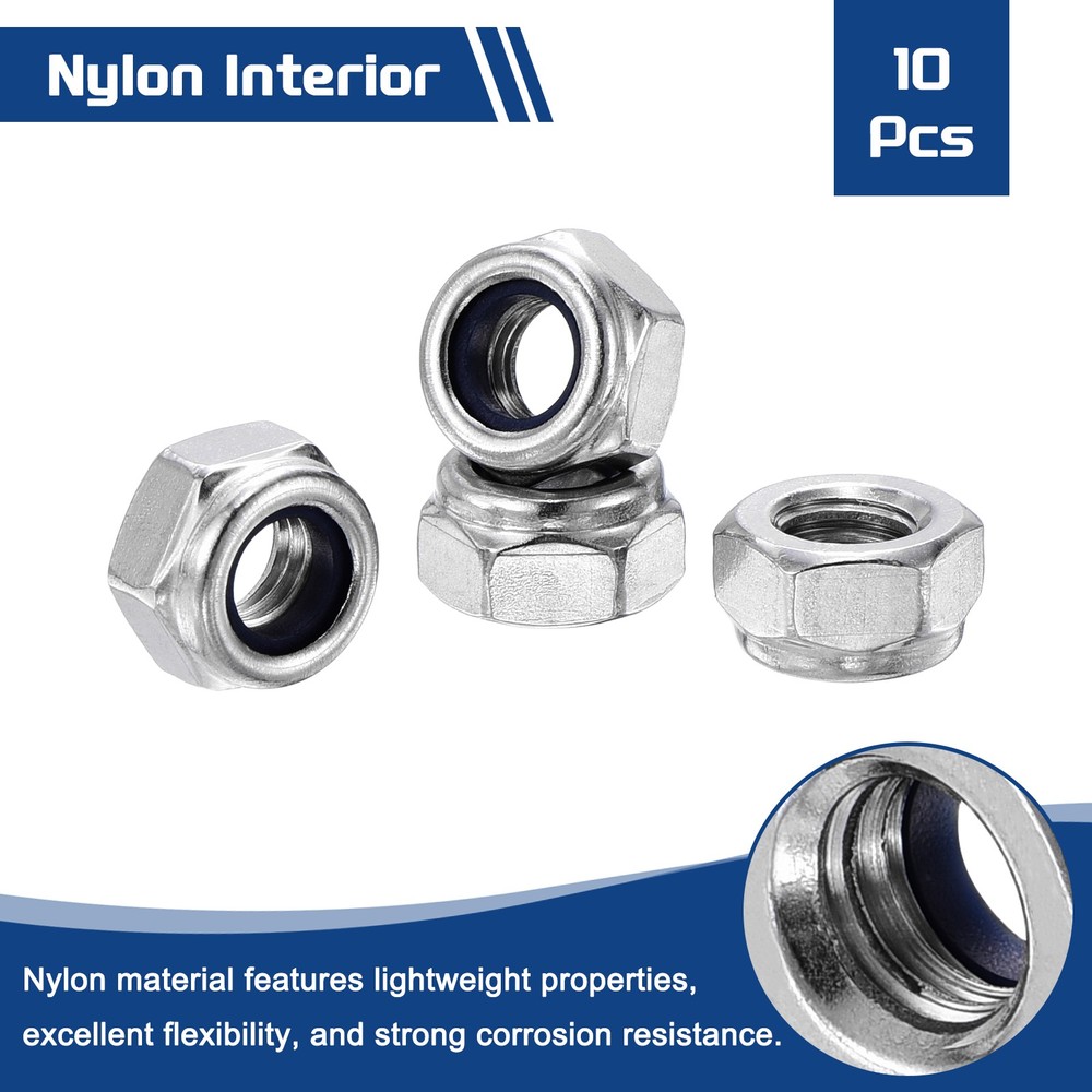 10Pcs Nylon Lock Hex Nuts - [M6 x 1mm], 316 Stainless Nuts, Silver