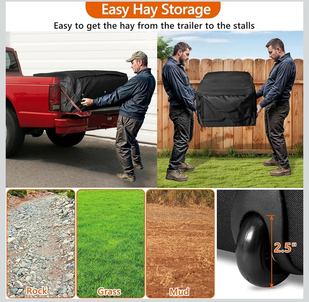 2 Pack Waterproof Rolling Hay Bale Bag, 4 Heavy Duty Wheels 46” x 23” x 16”