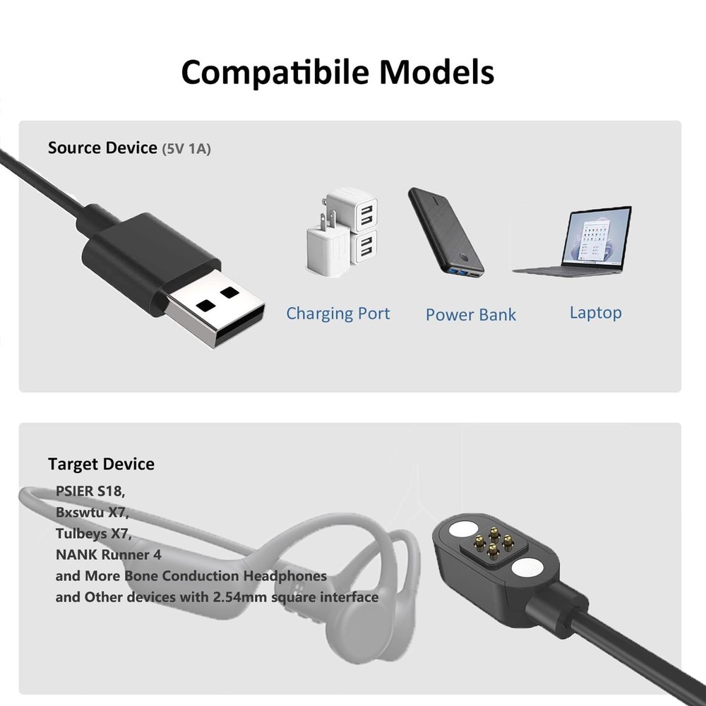 VBANU Replacement Charging Cable for Bone Conduction 60 centimeters, Black