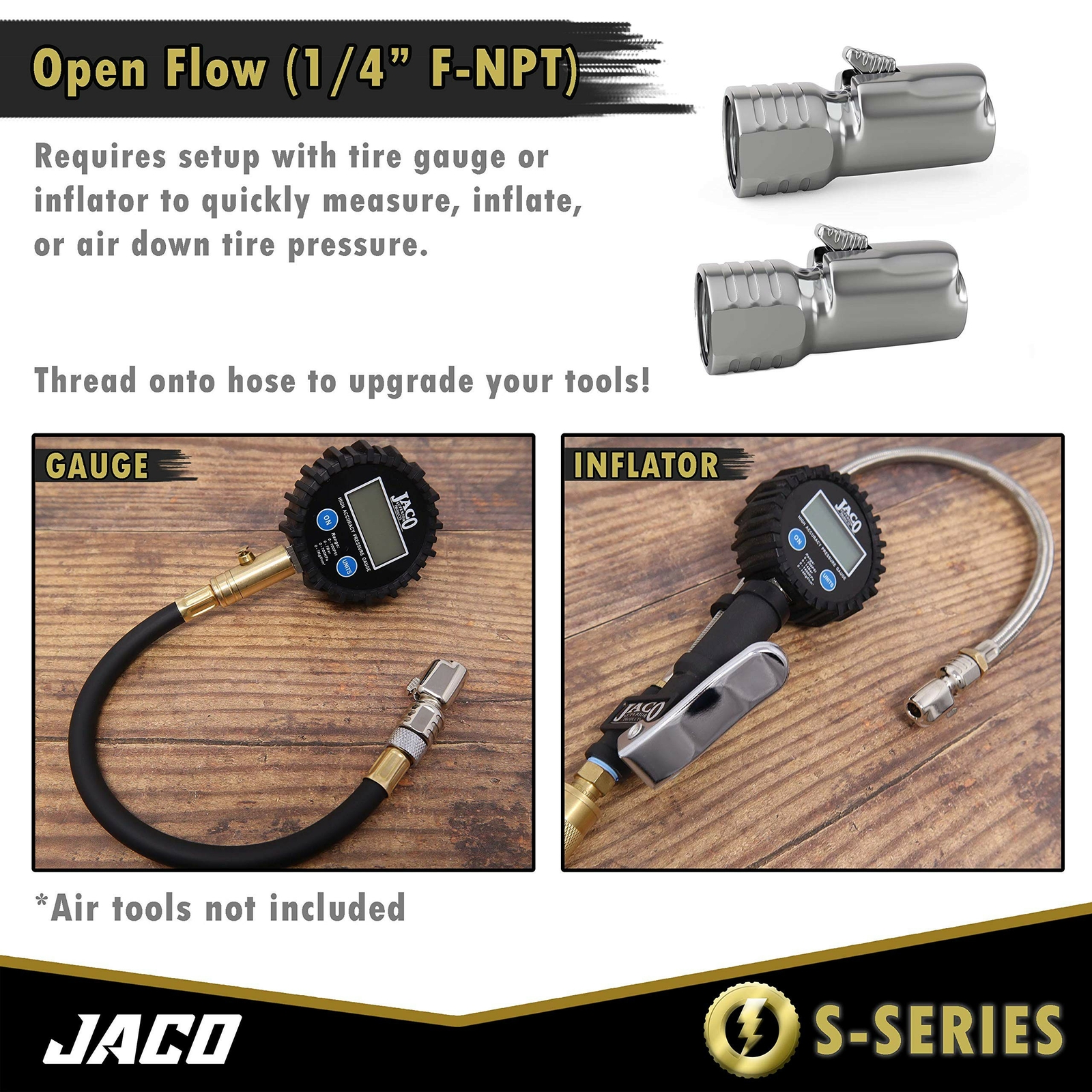 JACO Lightning Tire Air Chuck (S-Series) | Open Flow, 1/4" F-NPT (2 Pack)