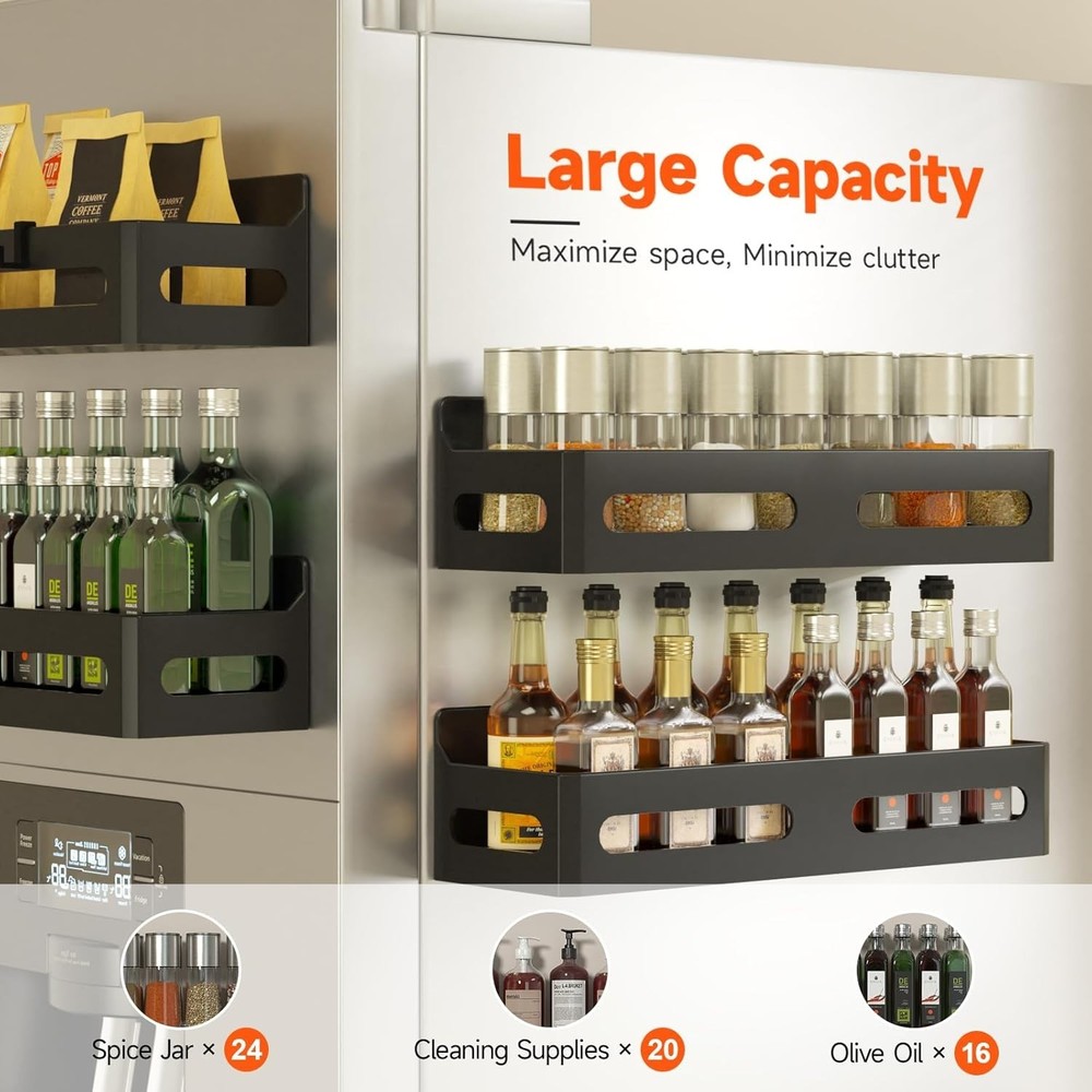 4 Pack Magnetic Spice Rack & Hooks - Ultimate Kitchen & Bathroom Organization