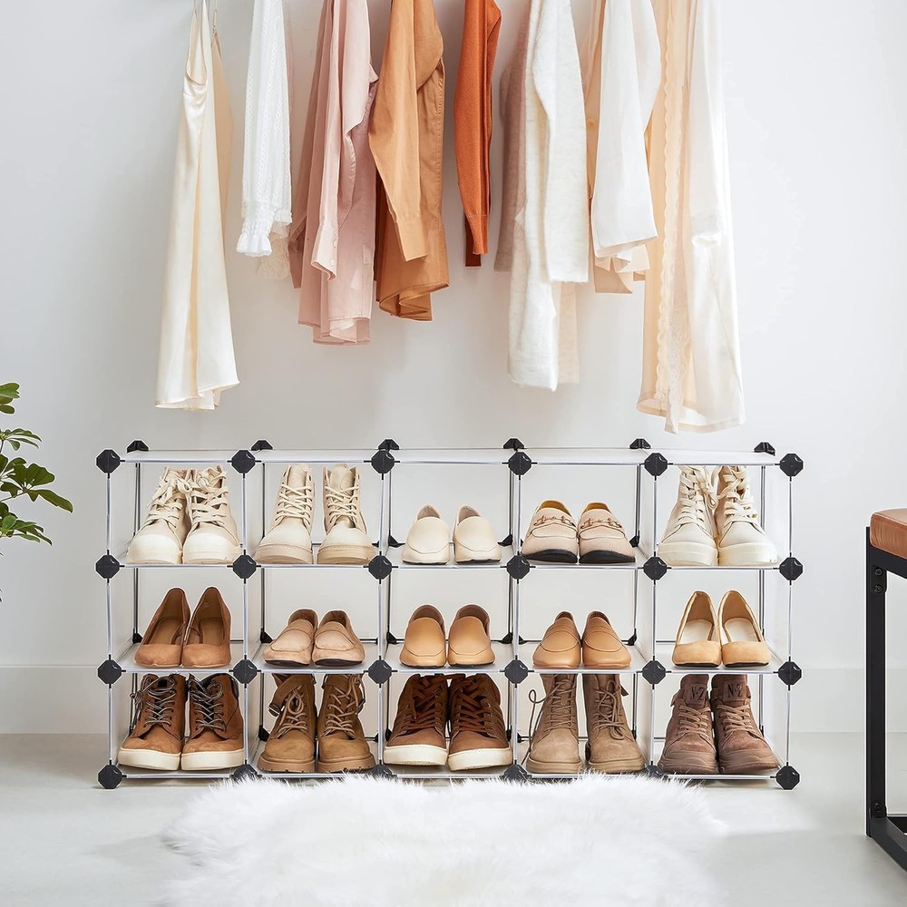 Shoe Rack with 16 Cubes, Interlocking Plastic Shoe Rack, Clear
