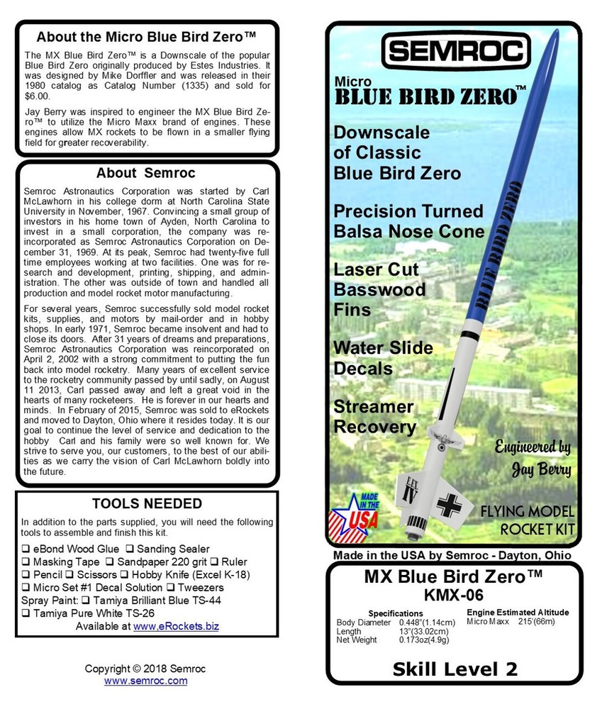 Semroc Flying Model Rocket Kit Micro(MX) Blue Bird Zero™ KMX-06