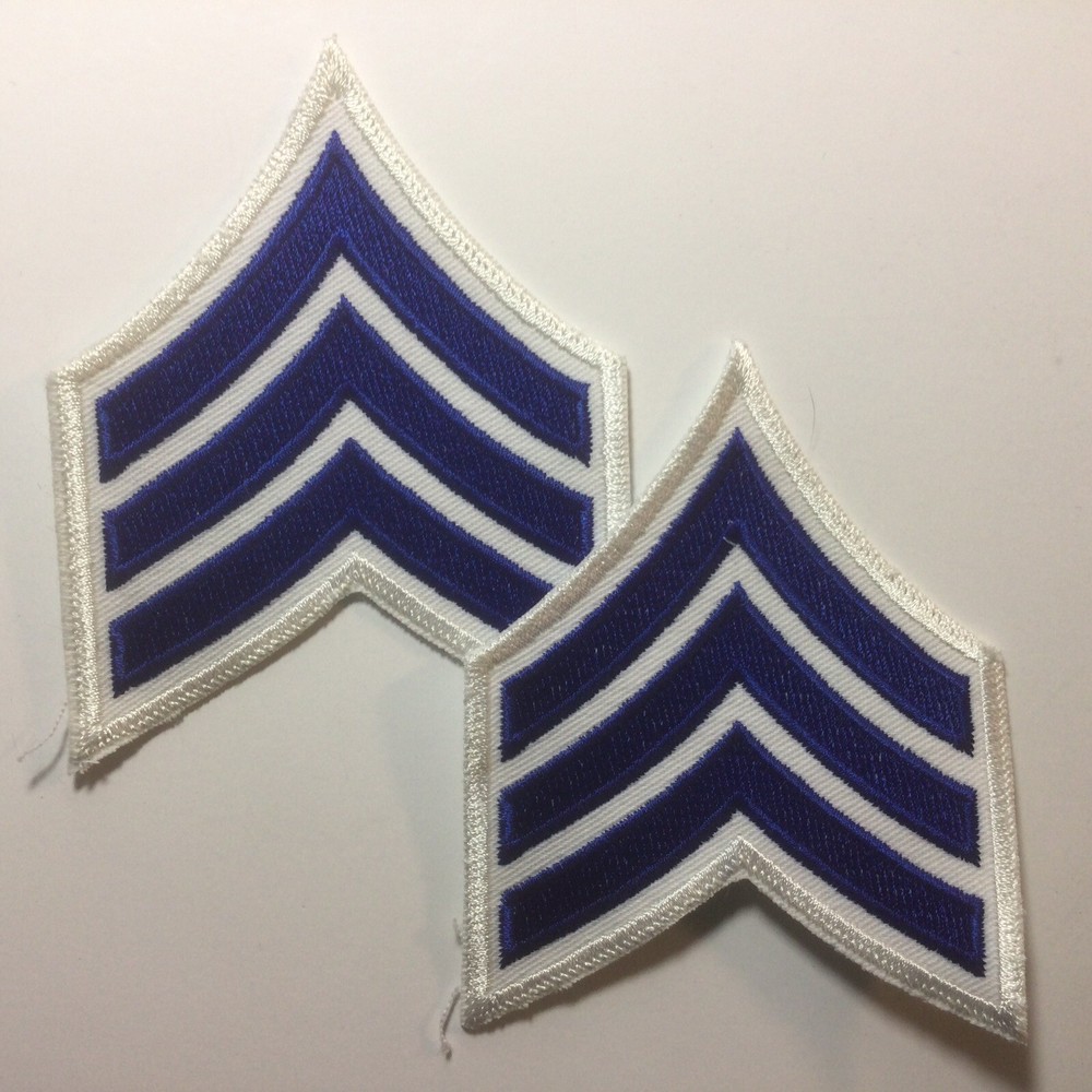 (2) Sergeant Chevron - 3 ROYAL BLUE stripes on White Patch (White Border)