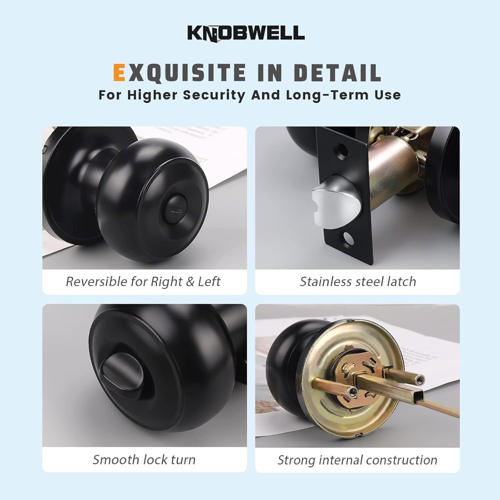 KNOBWELL 5 Pack Matte Black Door Knobs Privacy Knob for 5 Pack,