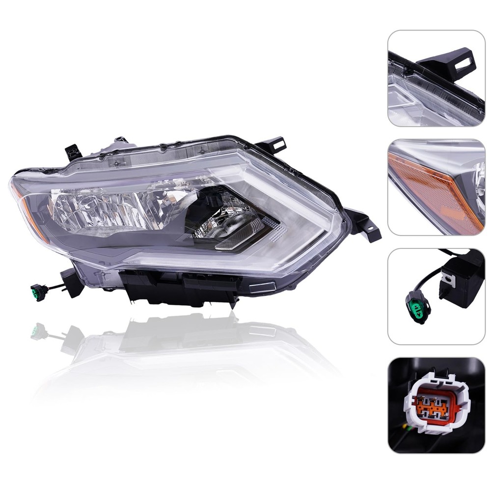 Right Front Halogen Headlight Assembly Replacement Black Housing for 17-19 Rogue