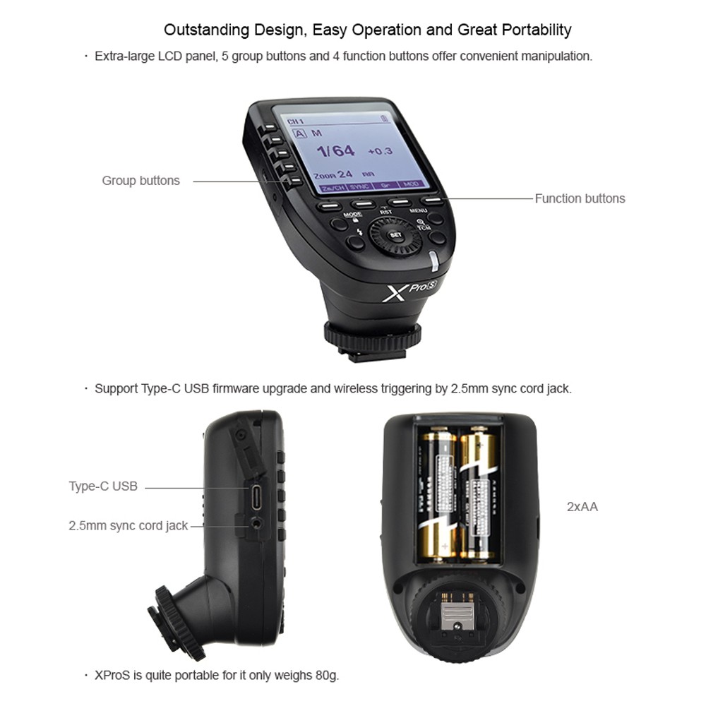 Godox Xpro-S TTL Wireless Flash Trigger HSS 1/8000s TTL-Convert-Manual Function