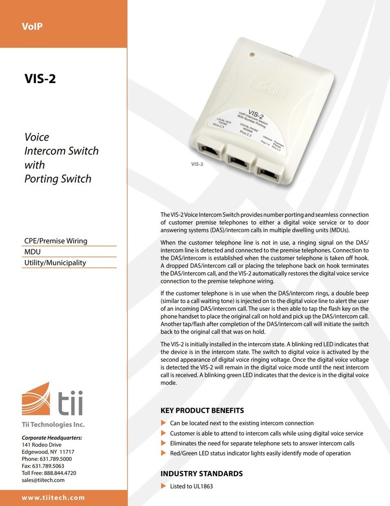 tii VIS-2 Voice Intercom Switch with Porting Switch - P/N 64016501