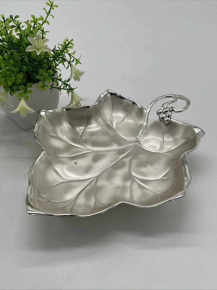Vtg Germany EPBrass Silver IKORA WMF Grape Leaf Footed Dish Tray 6500