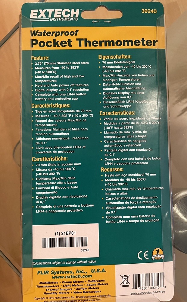 EXTECH Advantage : INSTRUMENTS 39240 Waterproof Pocket Thermometer