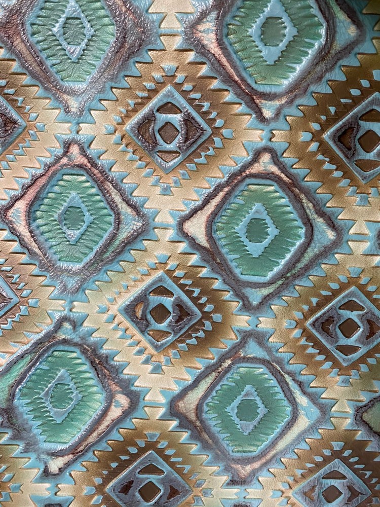 Embossed Leather Aztec Cyan Hand-painted, Custom Cuts, Leather Sheets by Size