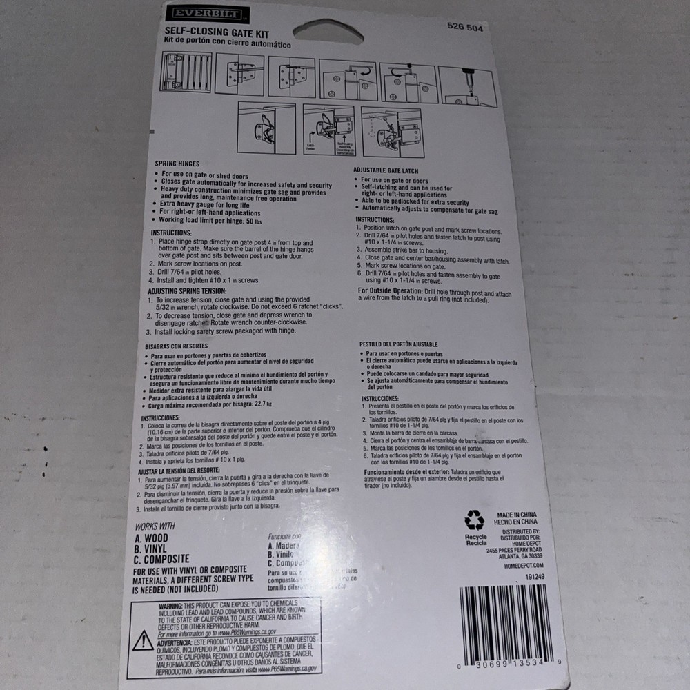 Everbilt Self-Closing Adjustable Gate Door Hinges and Latch Kit w Hardware