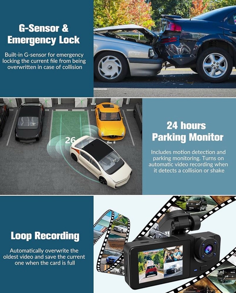 4K triple dash cam with front, rear, cabin view; 32GB card, loop rec, G-sensor
